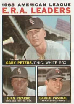 1964 Topps #2 1963 American League E.R.A. Leaders (Gary Peters / Juan Pizarro / Camilo Pascual) Front