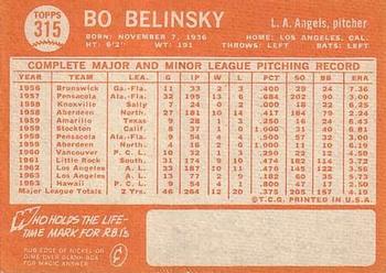 1964 Topps #315 Bo Belinsky Back