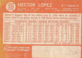 1964 Topps #325 Hector Lopez Back