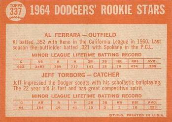 1964 Topps #337 Dodgers 1964 Rookie Stars (Al Ferrara / Jeff Torborg) Back