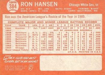 1964 Topps #384 Ron Hansen Back