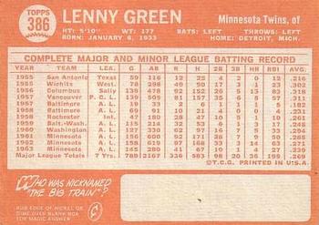 1964 Topps #386 Lenny Green Back