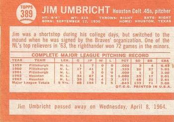 1964 Topps #389 Jim Umbricht Back