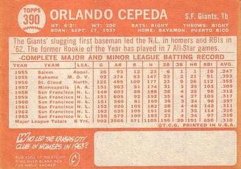1964 Topps #390 Orlando Cepeda Back