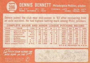 1964 Topps #396 Dennis Bennett Back