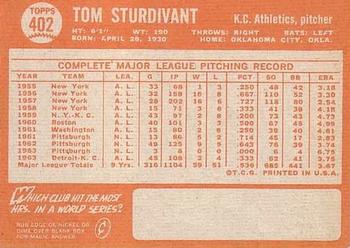 1964 Topps #402 Tom Sturdivant Back