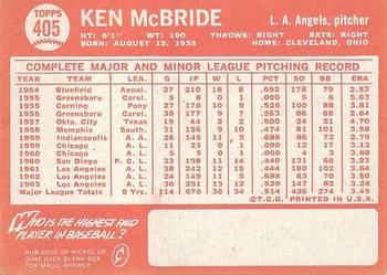 1964 Topps #405 Ken McBride Back