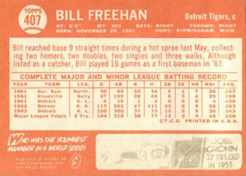 1964 Topps #407 Bill Freehan Back