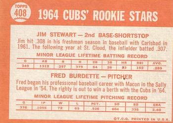 1964 Topps #408 Cubs 1964 Rookie Stars (Jim Stewart / Fred Burdette) Back