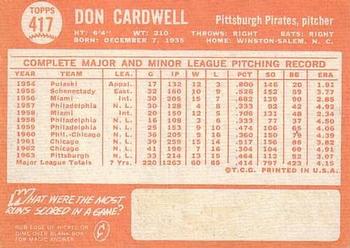 1964 Topps #417 Don Cardwell Back