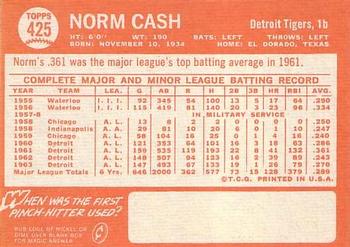 1964 Topps #425 Norm Cash Back