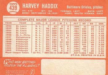 1964 Topps #439 Harvey Haddix Back