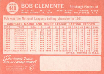 1964 Topps #440 Bob Clemente Back