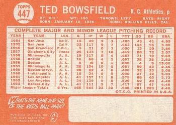 1964 Topps #447 Ted Bowsfield Back