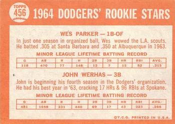 1964 Topps #456 Dodgers 1964 Rookie Stars (Wes Parker / John Werhas) Back
