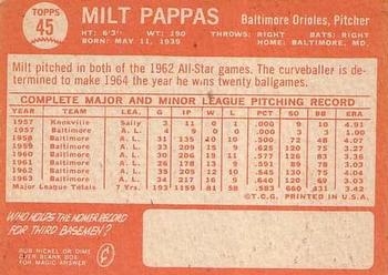 1964 Topps #45 Milt Pappas Back
