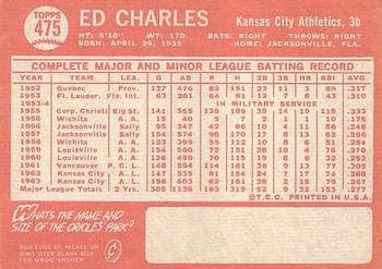 1964 Topps #475 Ed Charles Back