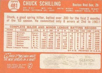 1964 Topps #481 Chuck Schilling Back