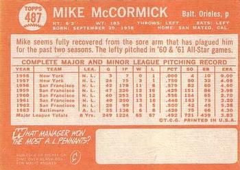 1964 Topps #487 Mike McCormick Back