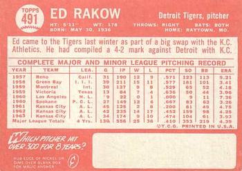 1964 Topps #491 Ed Rakow Back