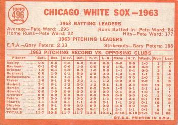 1964 Topps #496 Chicago White Sox Back