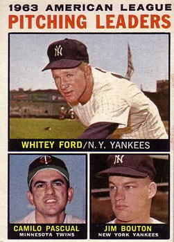 1964 Topps #4 1963 American League Pitching Leaders (Whitey Ford / Camilo Pascual / Jim Bouton) Front