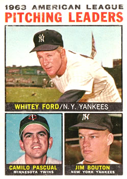 1964 Topps #4 1963 American League Pitching Leaders (Whitey Ford / Camilo Pascual / Jim Bouton) Front