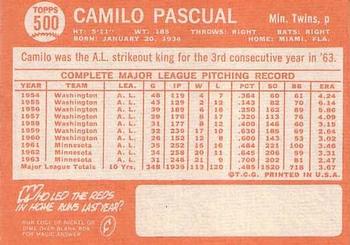 1964 Topps #500 Camilo Pascual Back