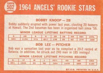1964 Topps #502 Angels 1964 Rookie Stars (Bobby Knoop / Bob Lee) Back