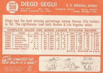 1964 Topps #508 Diego Segui Back