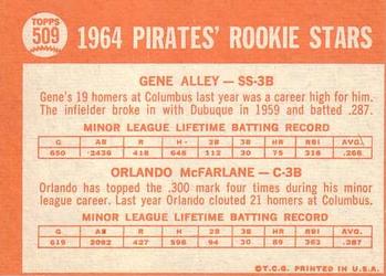 1964 Topps #509 Pirates 1964 Rookie Stars - Gene Alley / Orlando McFarlane Back