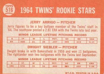 1964 Topps #516 Twins 1964 Rookie Stars (Jerry Arrigo / Dwight Siebler) Back