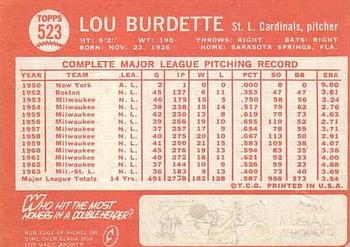 1964 Topps #523 Lew Burdette Back