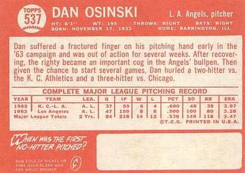 1964 Topps #537 Dan Osinski Back