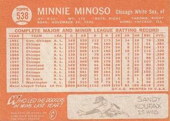 1964 Topps #538 Minnie Minoso Back