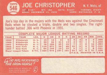 1964 Topps #546 Joe Christopher Back