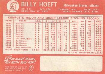 1964 Topps #551 Billy Hoeft Back