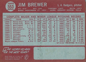 1964 Topps #553 Jim Brewer Back
