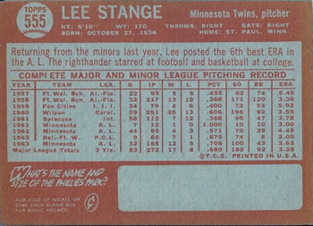 1964 Topps #555 Lee Stange Back