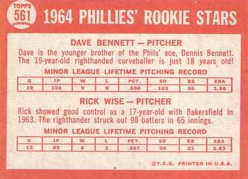 1964 Topps #561 Phillies 1964 Rookie Stars (Dave Bennett / Rick Wise) Back