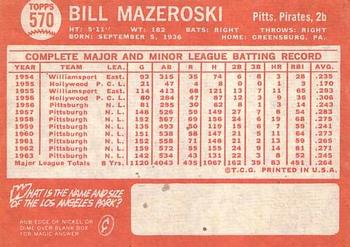 1964 Topps #570 Bill Mazeroski Back