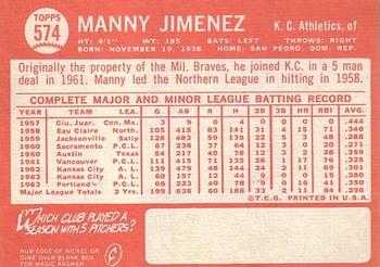 1964 Topps #574 Manny Jimenez Back