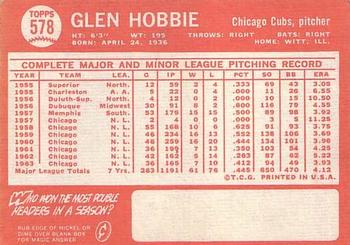 1964 Topps #578 Glen Hobbie Back