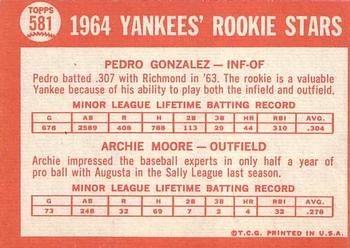 1964 Topps #581 Yankees 1964 Rookie Stars (Pedro Gonzalez / Archie Moore) Back