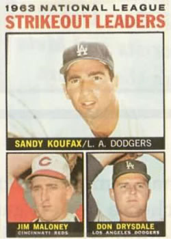 1964 Topps #5 1963 National League Strikeout Leaders (Sandy Koufax / Jim Maloney / Don Drysdale) Front