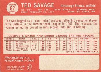 1964 Topps #62 Ted Savage Back