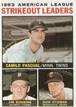 1964 Topps #6 1963 American League Strikeout Leaders (Camilo Pascual / Jim Bunning / Dick Stigman) Front