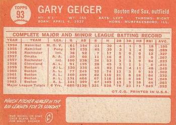 1964 Topps #93 Gary Geiger Back