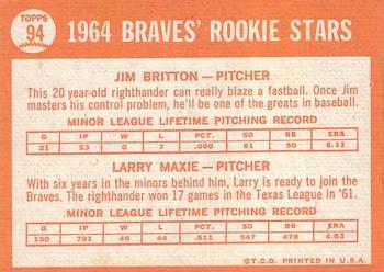 1964 Topps #94 Braves 1964 Rookie Stars (Jim Britton / Larry Maxie) Back