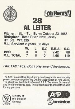 1991 Toronto Blue Jays Fire Safety #NNO Al Leiter Back